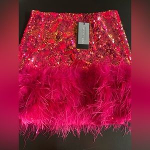 Nadine Merabi hot pink sequin and feather mini skirt